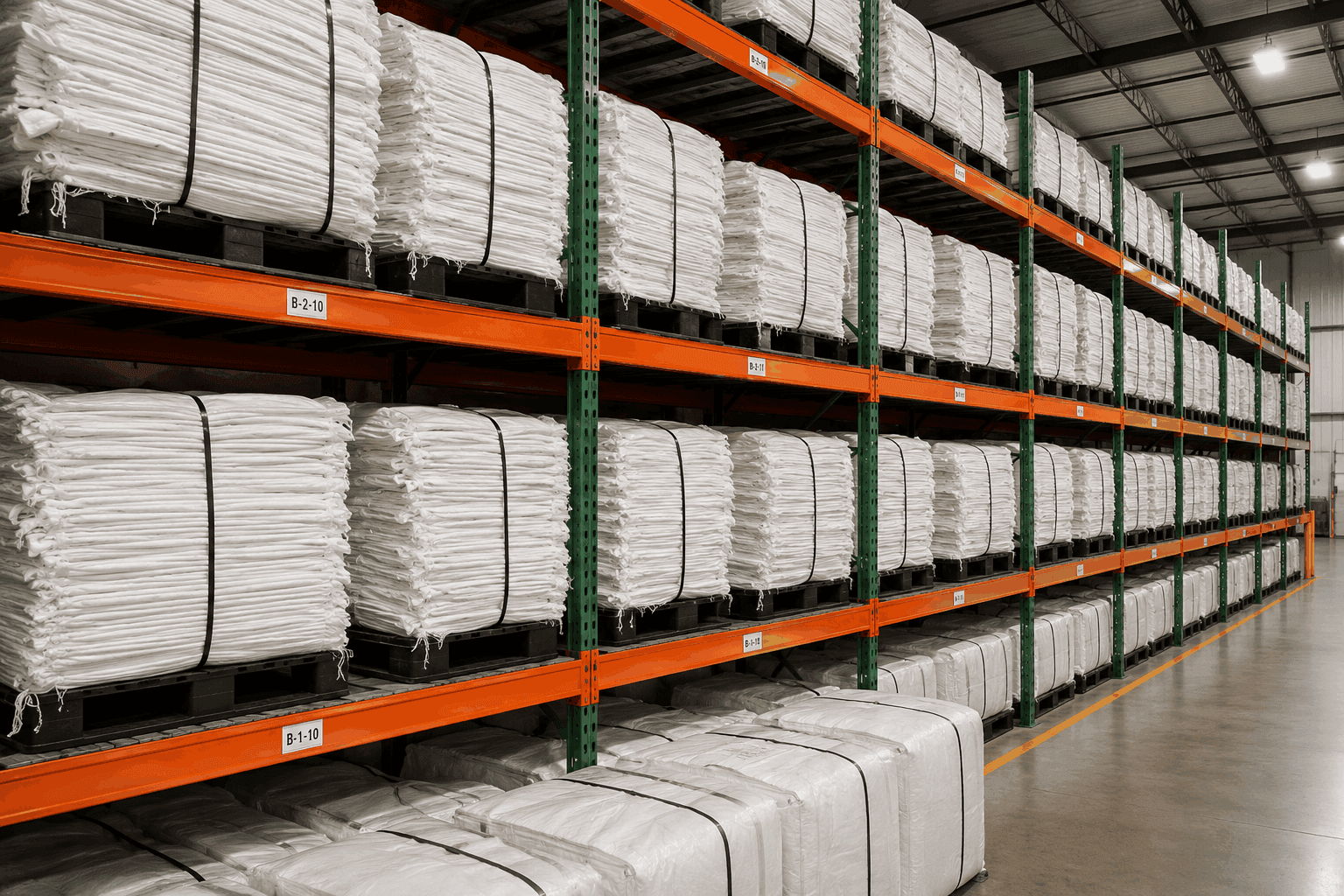 Organized warehouse inventory of folded woven bale wrap bundles