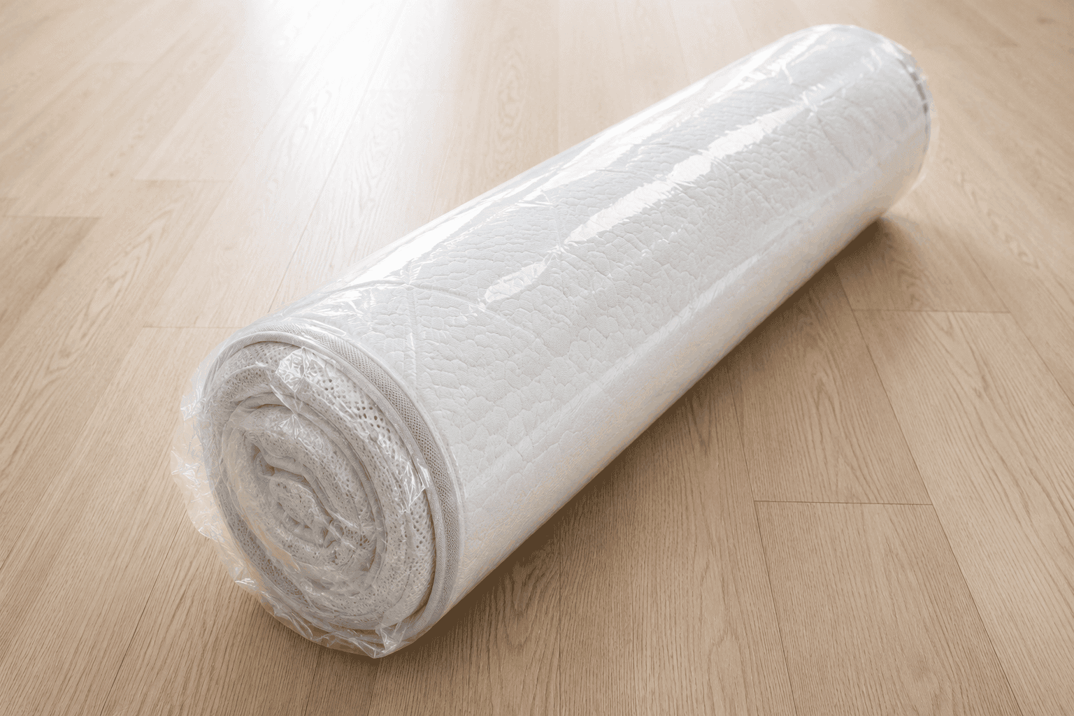 Compressed rolled foam mattress protected with clear plastic packaging
