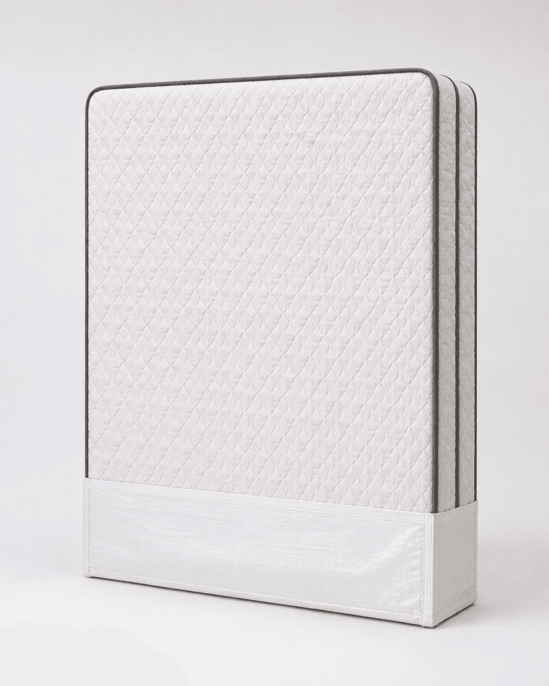 White woven polypropylene mattress boot fitted over the bottom of an upright mattress