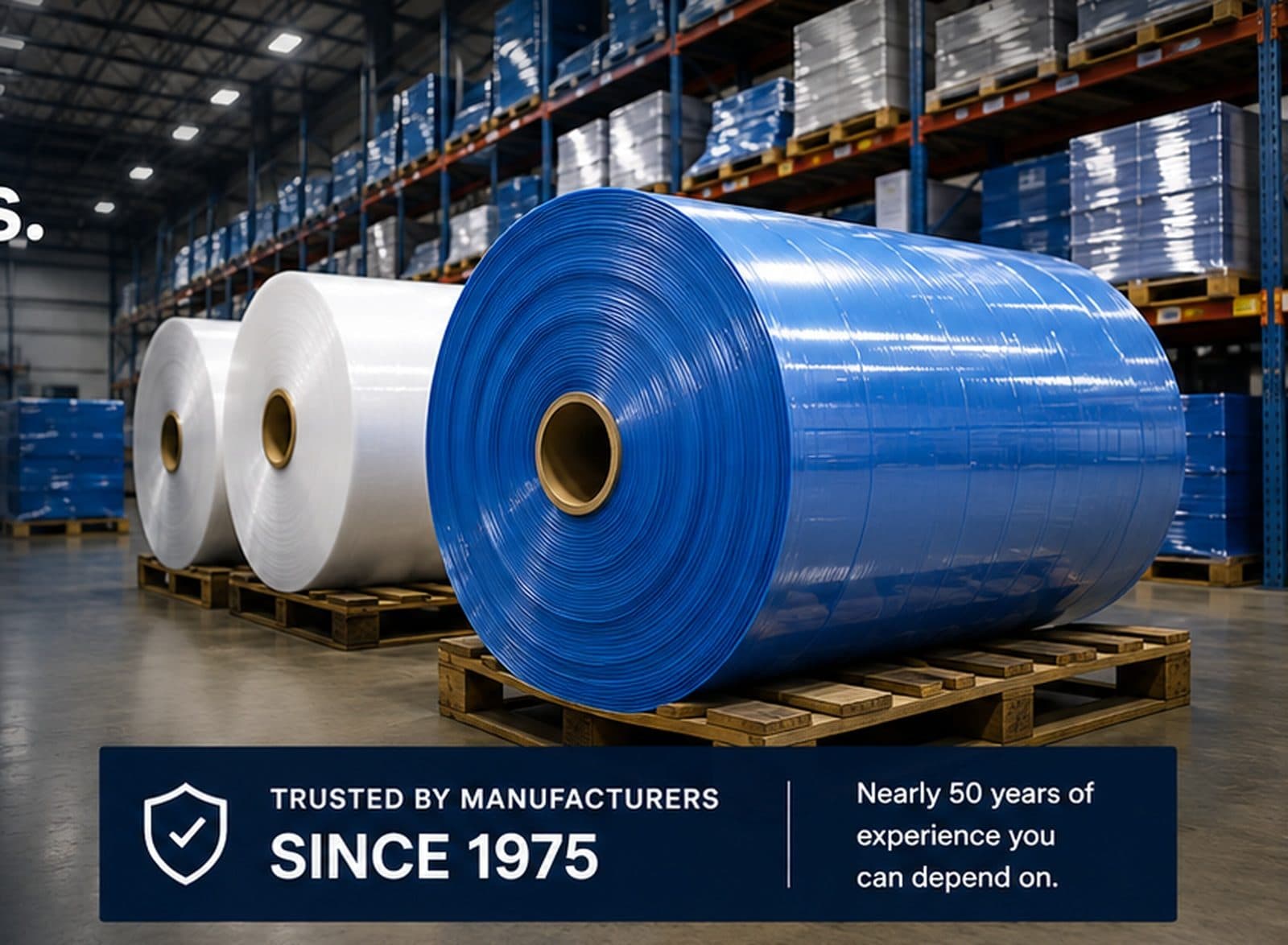 Industrial rolls of blue and white protective packaging in a warehouse